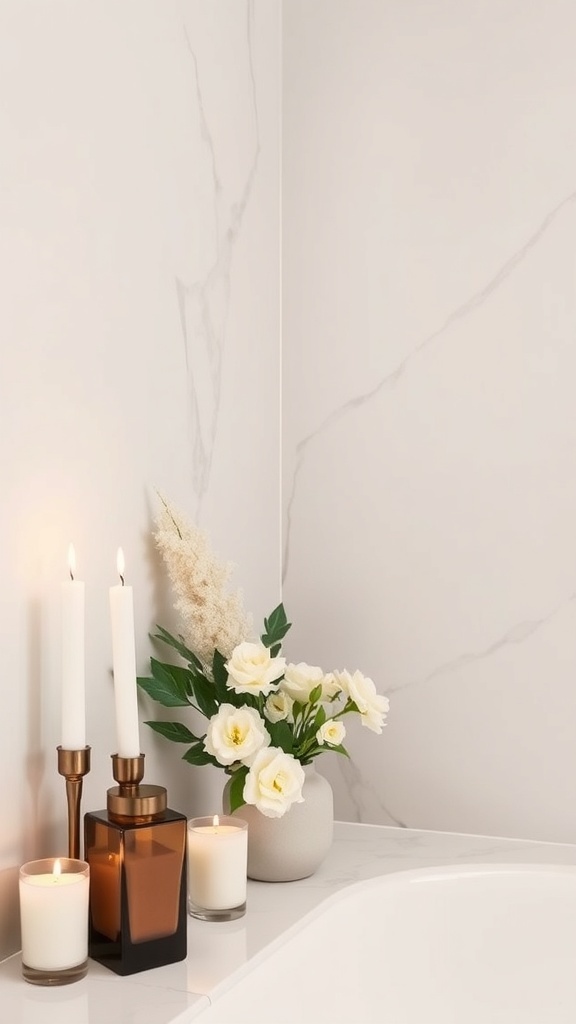 A serene bathroom corner featuring candles and flowers on a countertop.