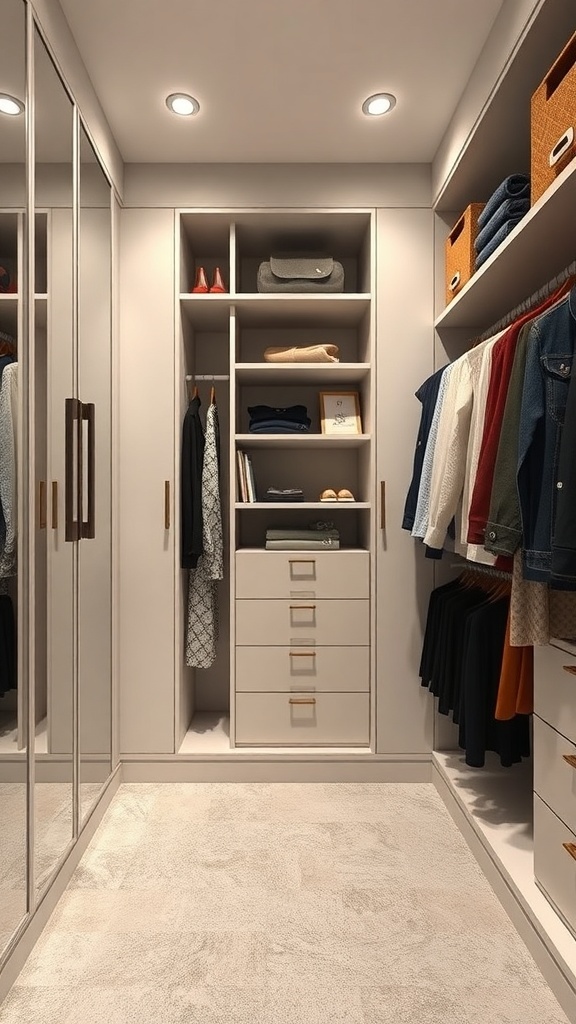A modern walk-in closet with organized shelves, hanging clothes, and a clean floor.