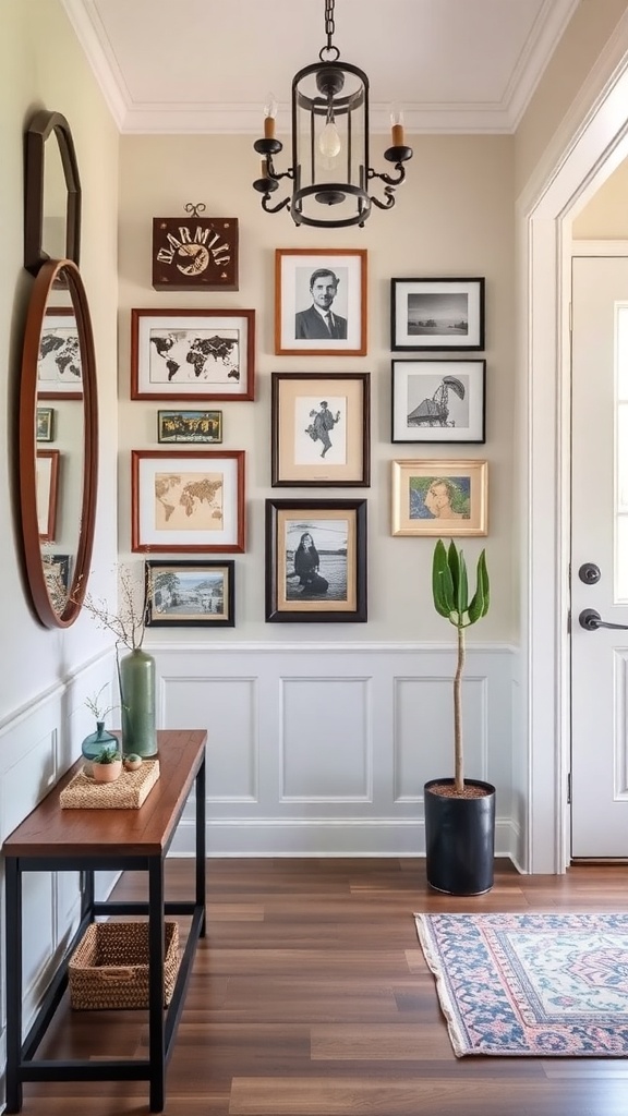 Gallery wall art display in a cozy entryway with various framed pictures and a plant.