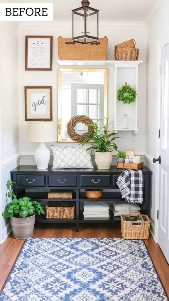 Before and after images of an entryway makeover showcasing smart storage solutions.
