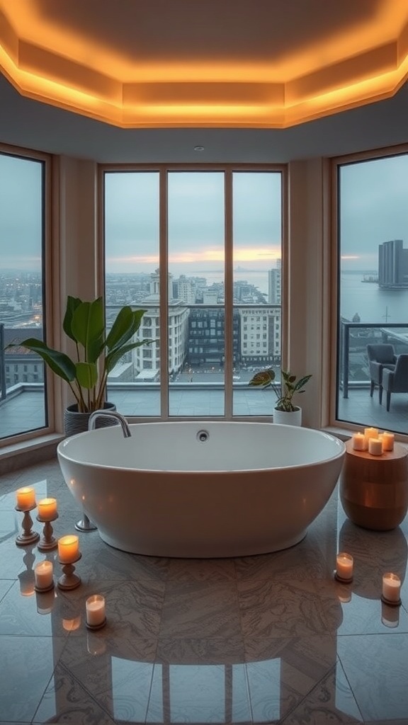 Luxuriöse Badewanne im Schlafzimmer mit Kerzen und Blick auf die Stadt