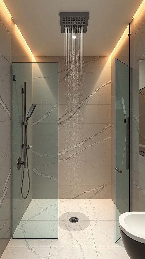 Moderne Dusche mit Glaswänden und Regenduschkopf