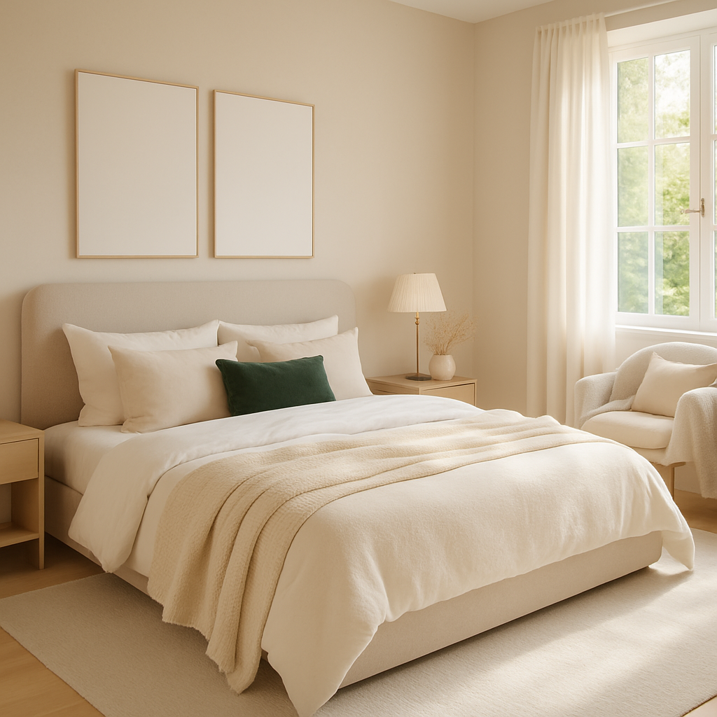 Ein modernes, elegantes Schlafzimmer mit sanften Beigetönen und einem grünen Kissen auf dem Bett.