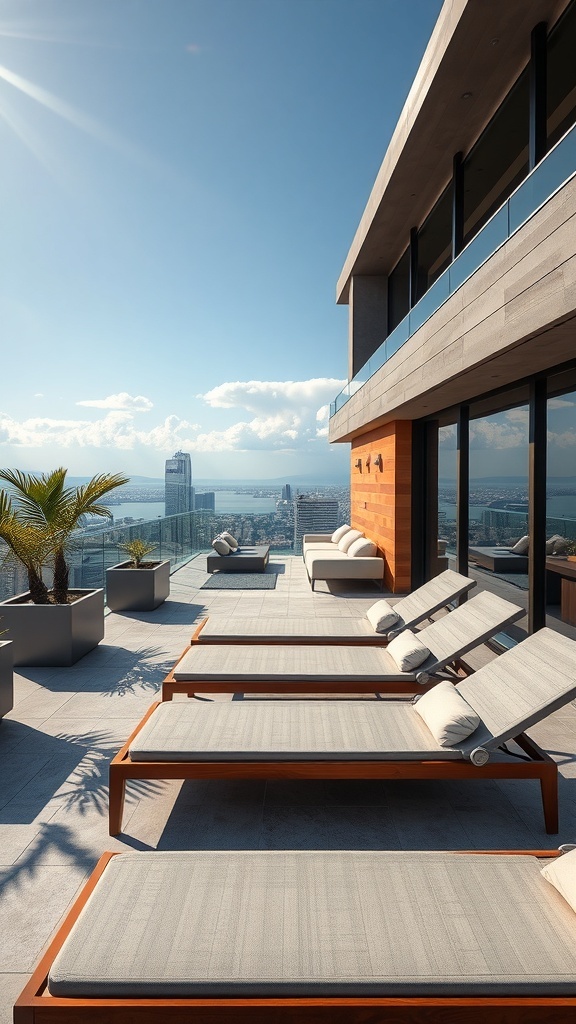 Moderne Liegen auf einer Dachterrasse mit Blick auf die Stadt und das Wasser