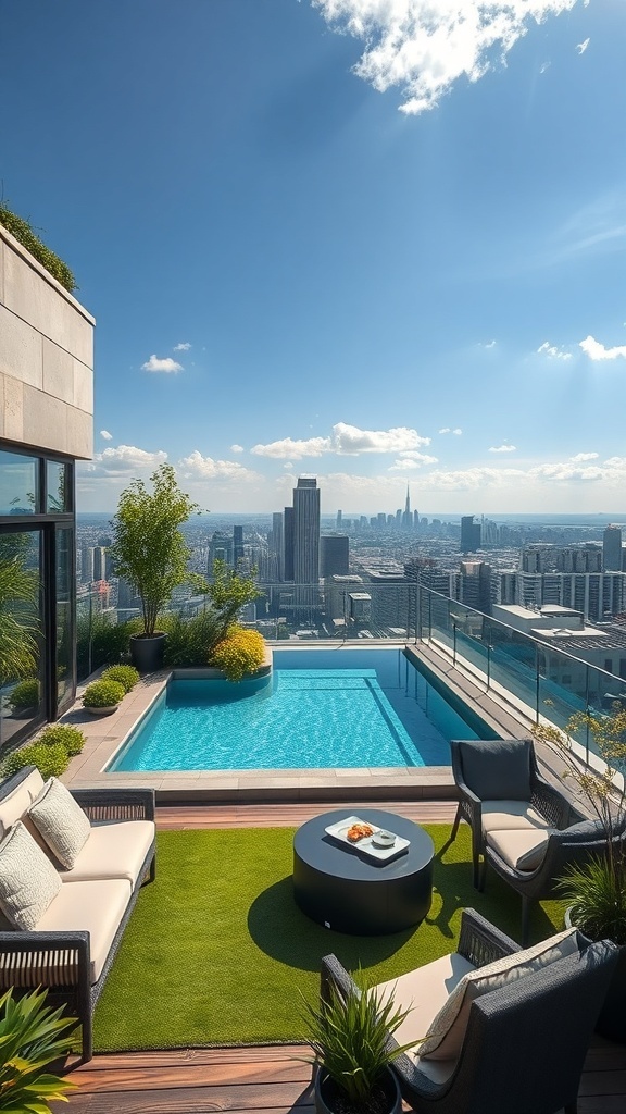 Dachterrasse mit Pool und Blick auf die Stadt