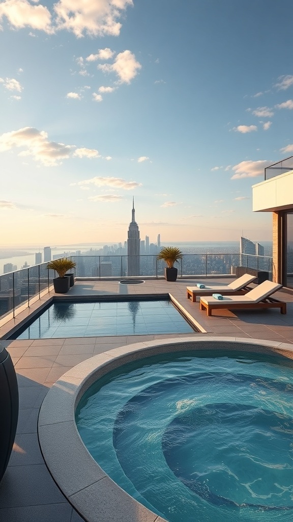 Luxuriöse Dachterrasse mit Pool und Whirlpool, Blick auf die Skyline der Stadt