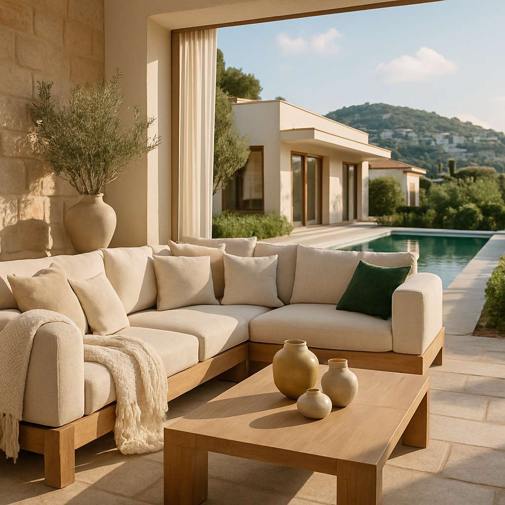 Eine stilvolle Outdoor-Lounge mit einem bequemen Sofa aus hellem Stoff und einem Holztisch, umgeben von Pflanzen und einem Pool im Hintergrund.