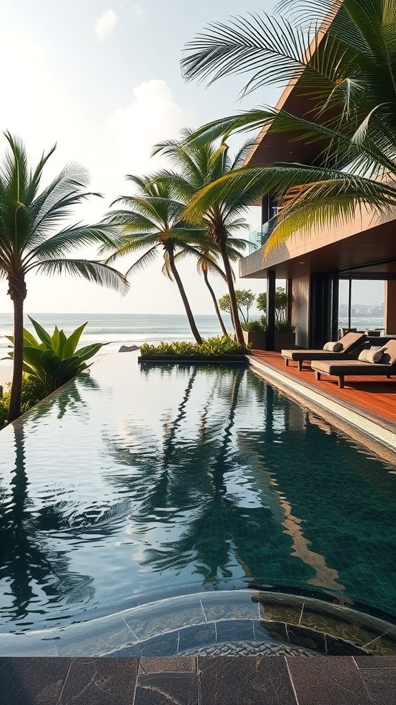 Naturpool am Strand von Bali mit Palmen und Liegen