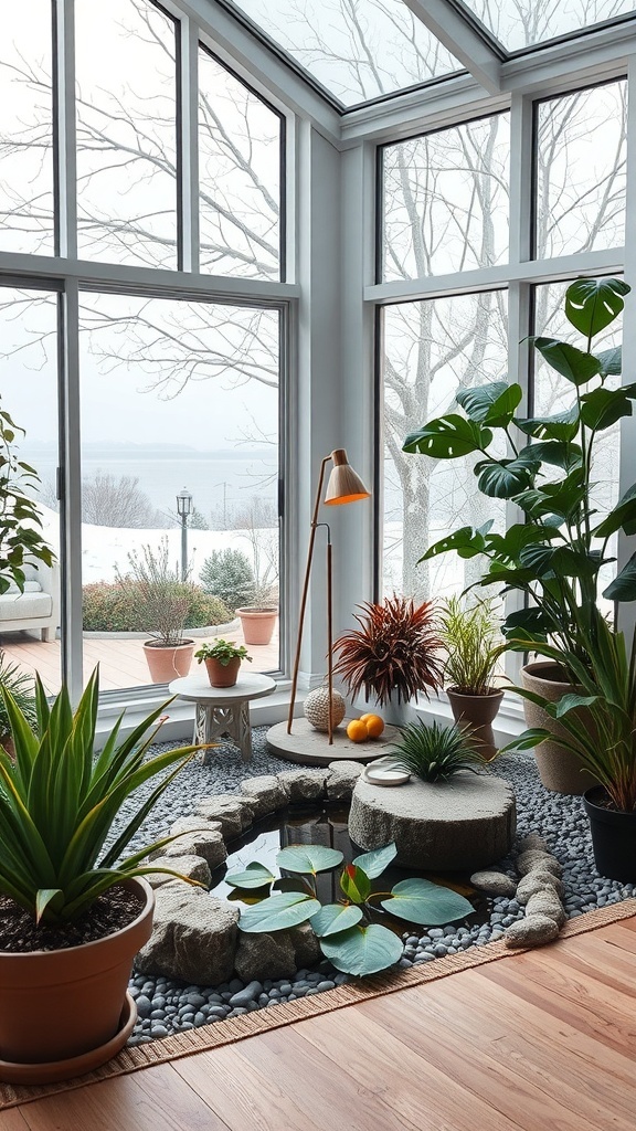 Entspannungsecke im Wintergarten mit Wasser und Pflanzen