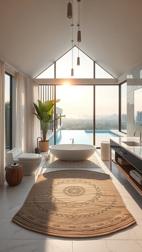Luxuriöses Badezimmer mit Blick auf den Garten, große Fenster, freistehende Badewanne und moderne Einrichtung