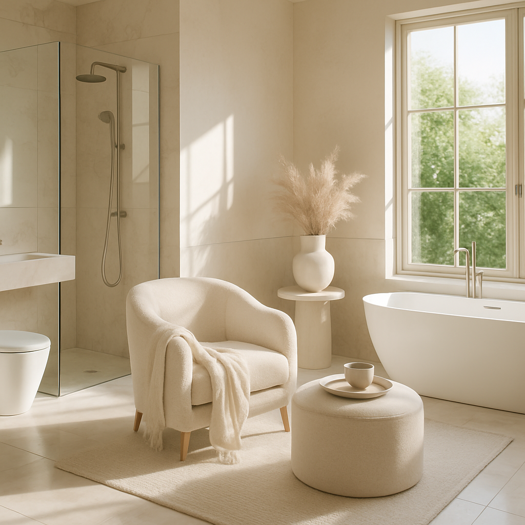 Luxuriöses Badezimmer mit Sessel, Hocker und natürlichem Licht