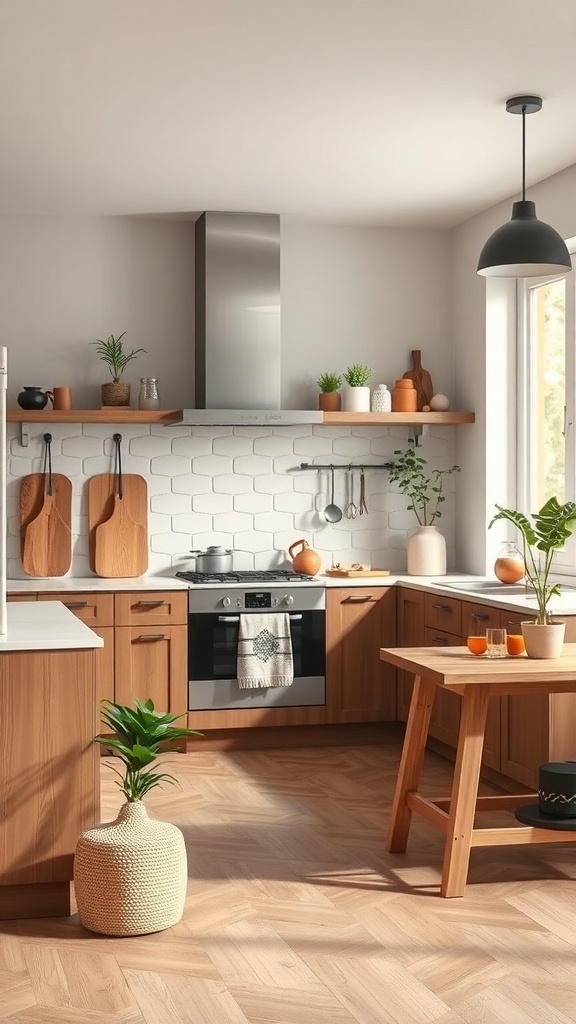 Moderne Küche in Erdton mit Holzschränken und Pflanzen
