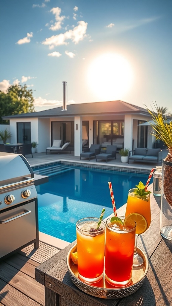 Erfrischende Cocktails auf einer Getränke-Station im Garten mit einem Pool im Hintergrund