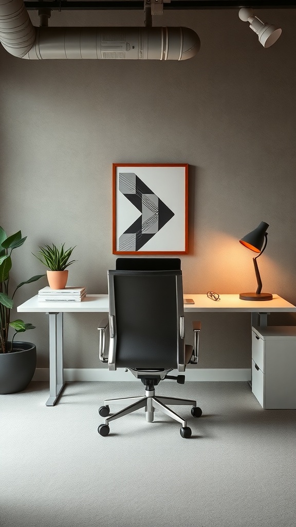 A modern home office featuring an ergonomic chair, a sleek desk, and a potted plant.