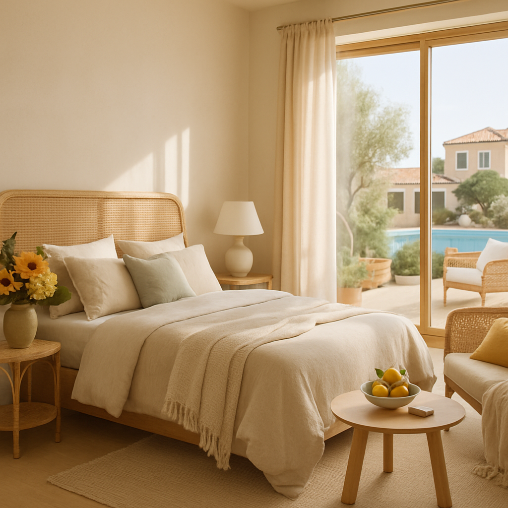 Ein stilvolles Schlafzimmer mit natürlichen Elementen, Rattanmöbeln und sanften Farben.