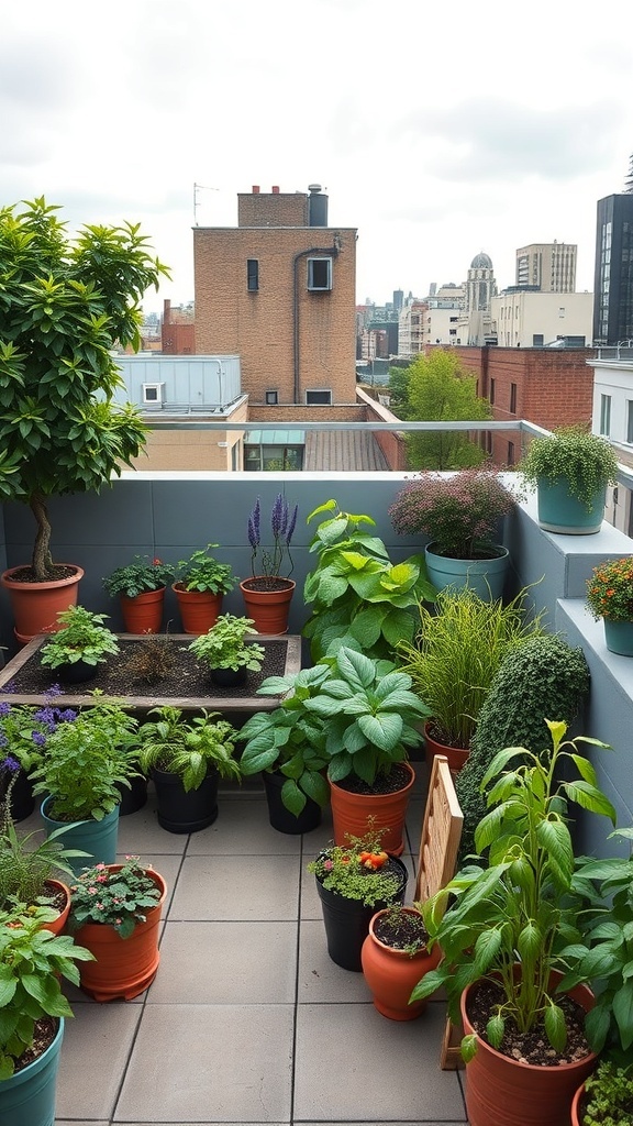 Dachterrasse mit verschiedenen essbaren Pflanzen in Töpfen