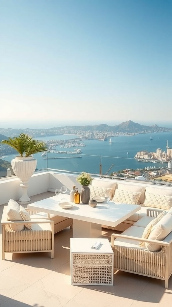 Luxuriöser Essbereich auf einer Dachterrasse mit Blick auf das Wasser und die Skyline