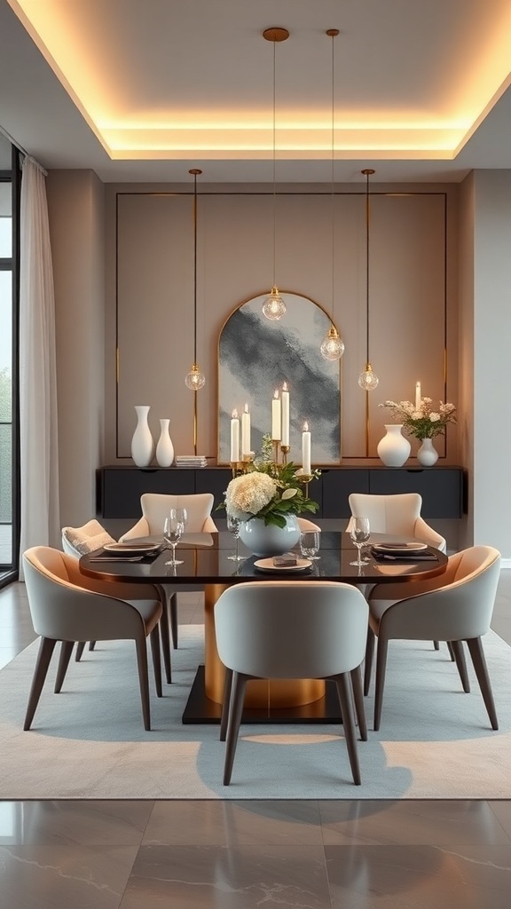 Modernes Esszimmer mit stilvollem Tisch und Stühlen, eleganter Beleuchtung und dekorativen Elementen.
