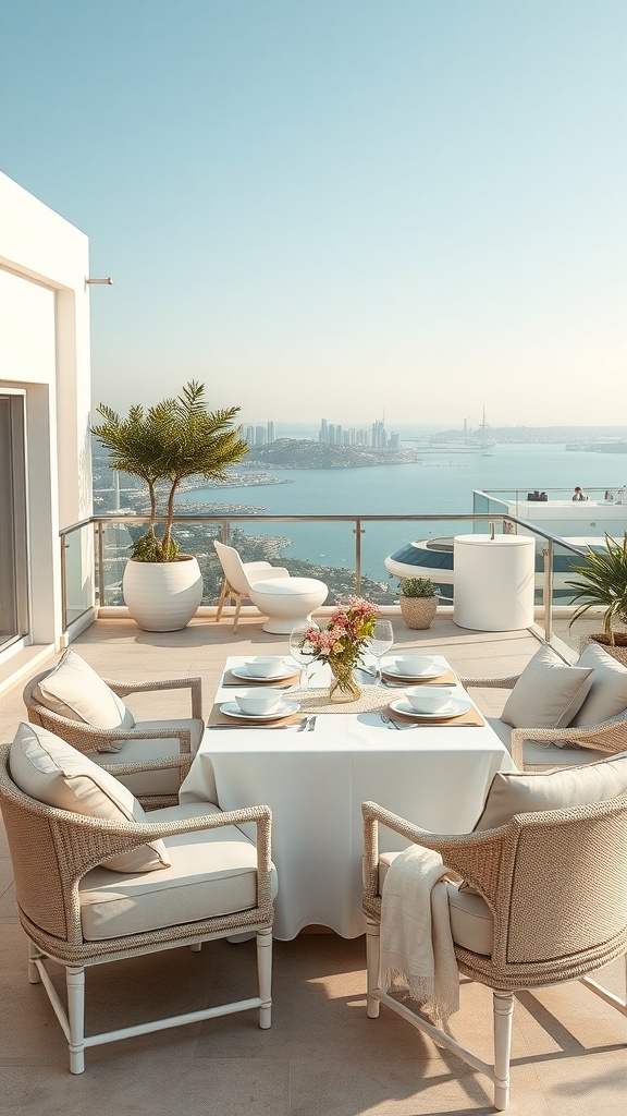 Eleganter Essbereich auf einer Dachterrasse mit Blick auf die Stadt und das Wasser.