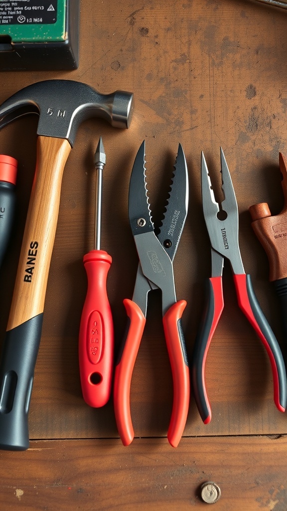 A collection of essential hand tools including a hammer, pliers, screwdrivers, and an adjustable wrench on a wooden surface.