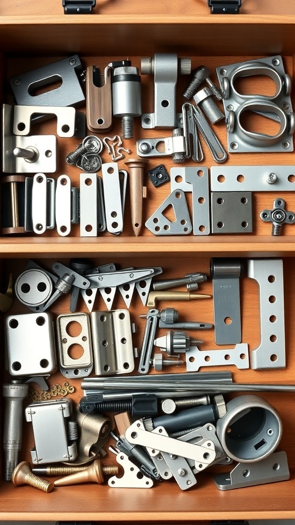 A well-organized toolbox filled with various metal hardware components.