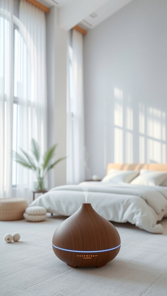 A wooden essential oil diffuser in a serene bedroom setting with soft lighting and neutral decor.