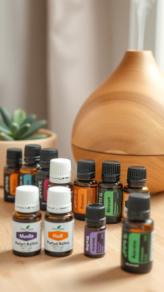A variety of essential oils displayed with a diffuser in a cozy setting.