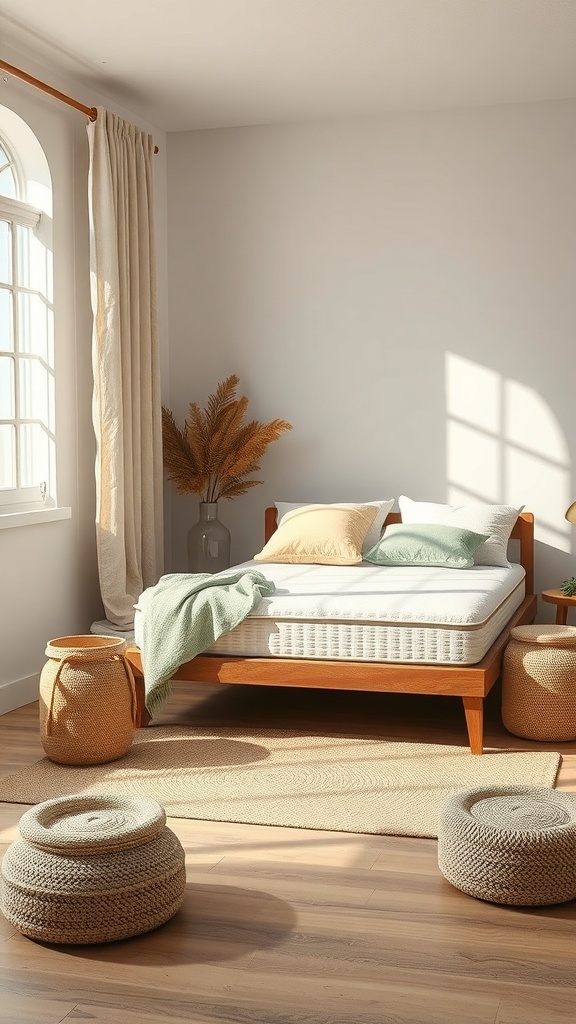 Ein Schlafzimmer mit einer ethisch produzierten Matratze auf einem Holzrahmen, umgeben von sanften Erdtönen und natürlichen Materialien.
