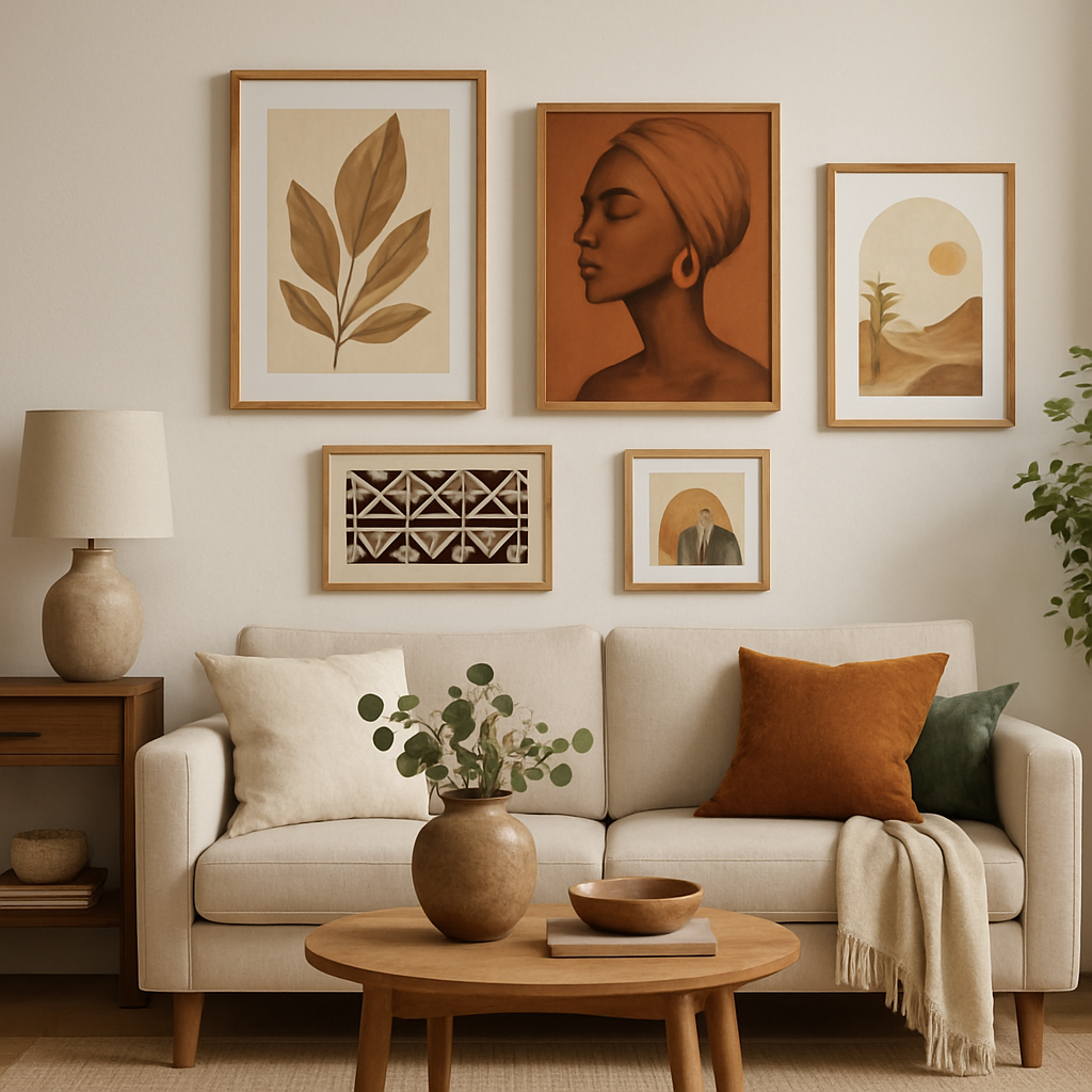 Ein stilvolles Wohnzimmer mit ethischen Kunstwerken an der Wand, einem beigen Sofa und einem Holztisch.