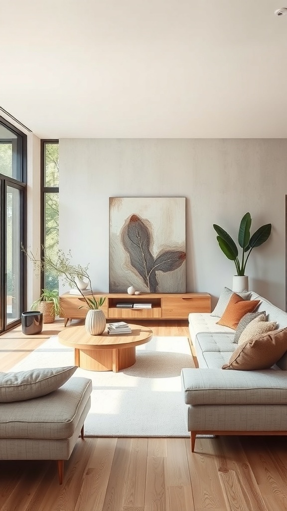 Helles Wohnzimmer mit nachhaltiger Einrichtung und einem großen Kunstwerk an der Wand.