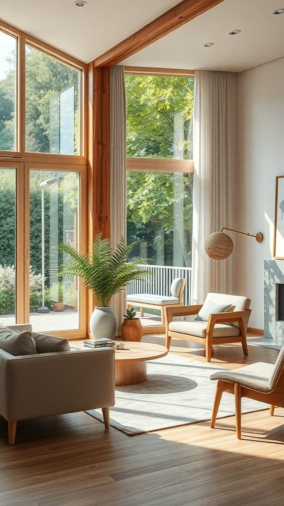 Ein heller, einladender Raum mit großen Fenstern, natürlichen Materialien und stilvollen Möbeln.