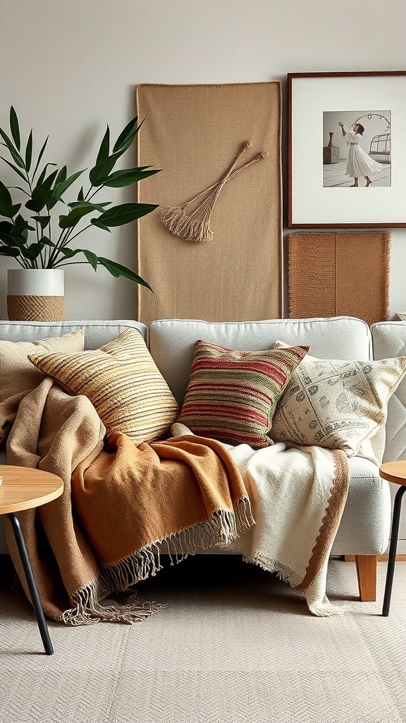 Gemütliche Sitzecke mit nachhaltigen Textilien auf einem Sofa, dekoriert mit Kissen und Decken.
