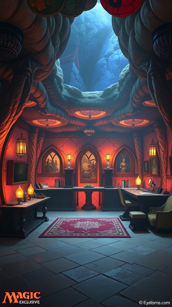 A cozy, magical room with warm lighting, perfect for exclusive Magic: The Gathering events.