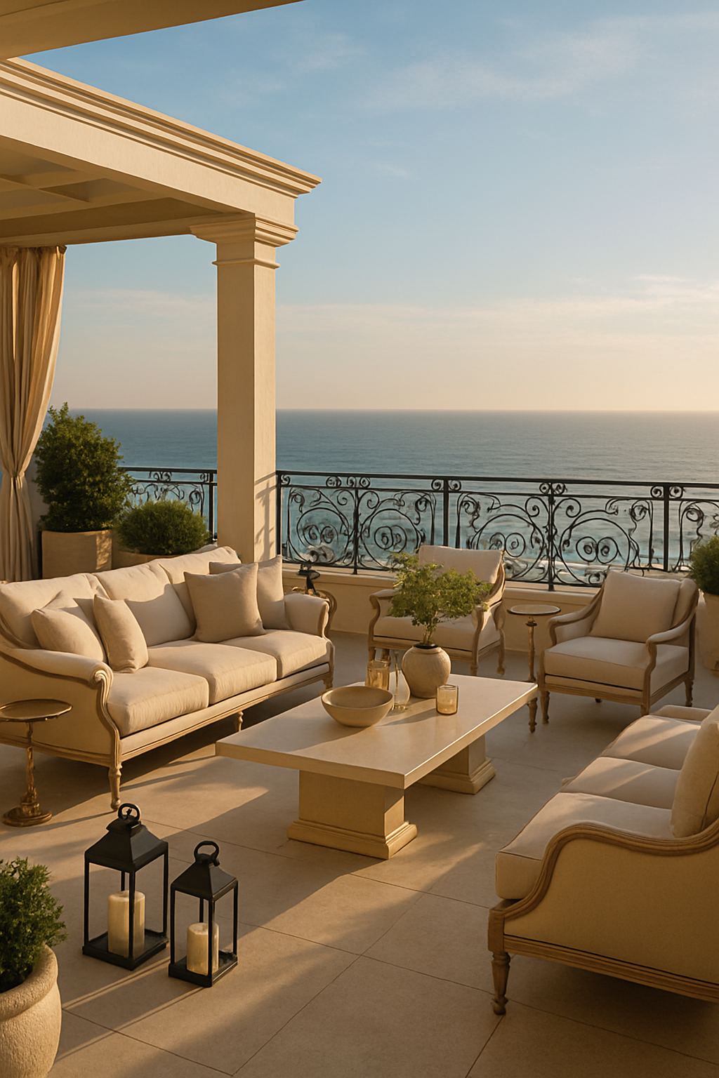 Gemütliche Dachterrasse mit Meerblick, ausgestattet mit stilvollen Möbeln und Pflanzen.