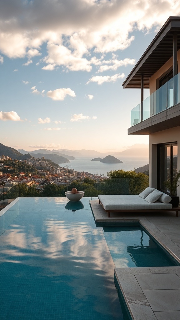 Infinity-Pool mit Blick auf die Berge und das Meer bei Sonnenuntergang