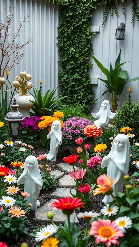 Weiße Geisterfiguren zwischen bunten Blumen im Garten