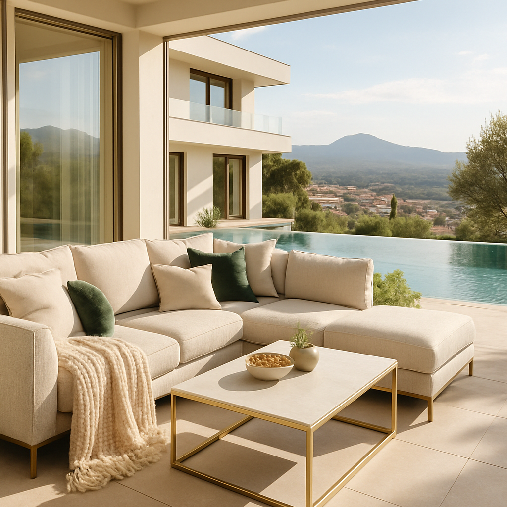 Luxuriöse Outdoor-Lounge mit Blick auf die Natur und einen Pool