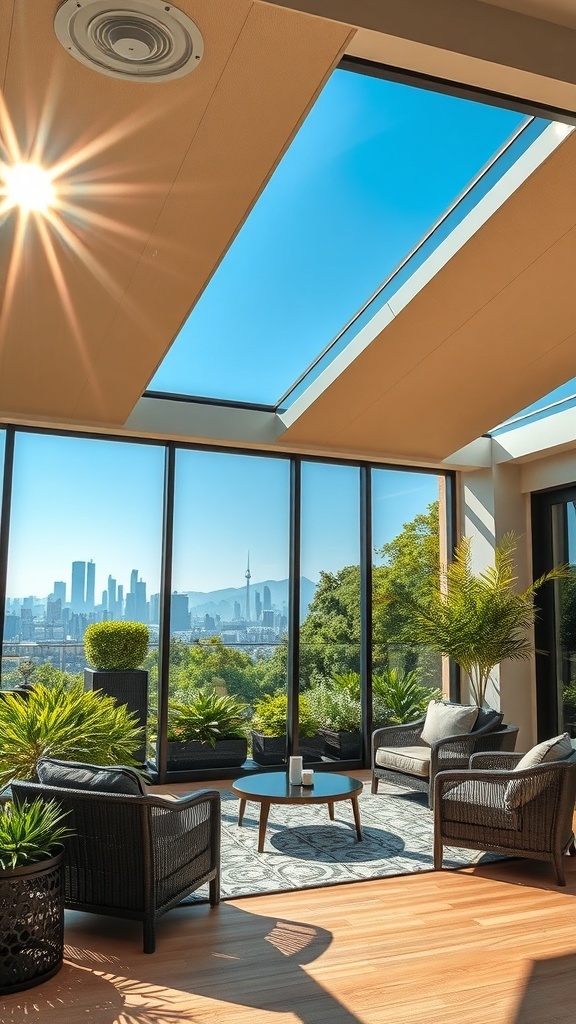 Stylische Outdoor-Möbel in einem modernen Garten mit Blick auf die Stadt.