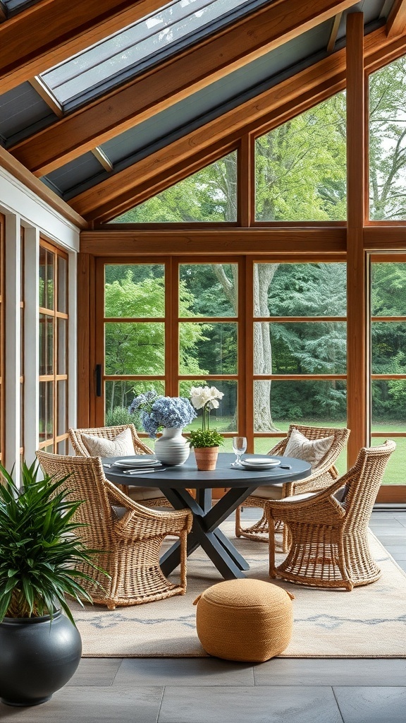 Dachgarten mit bunten Pflanzen und Stadtansicht im Hintergrund