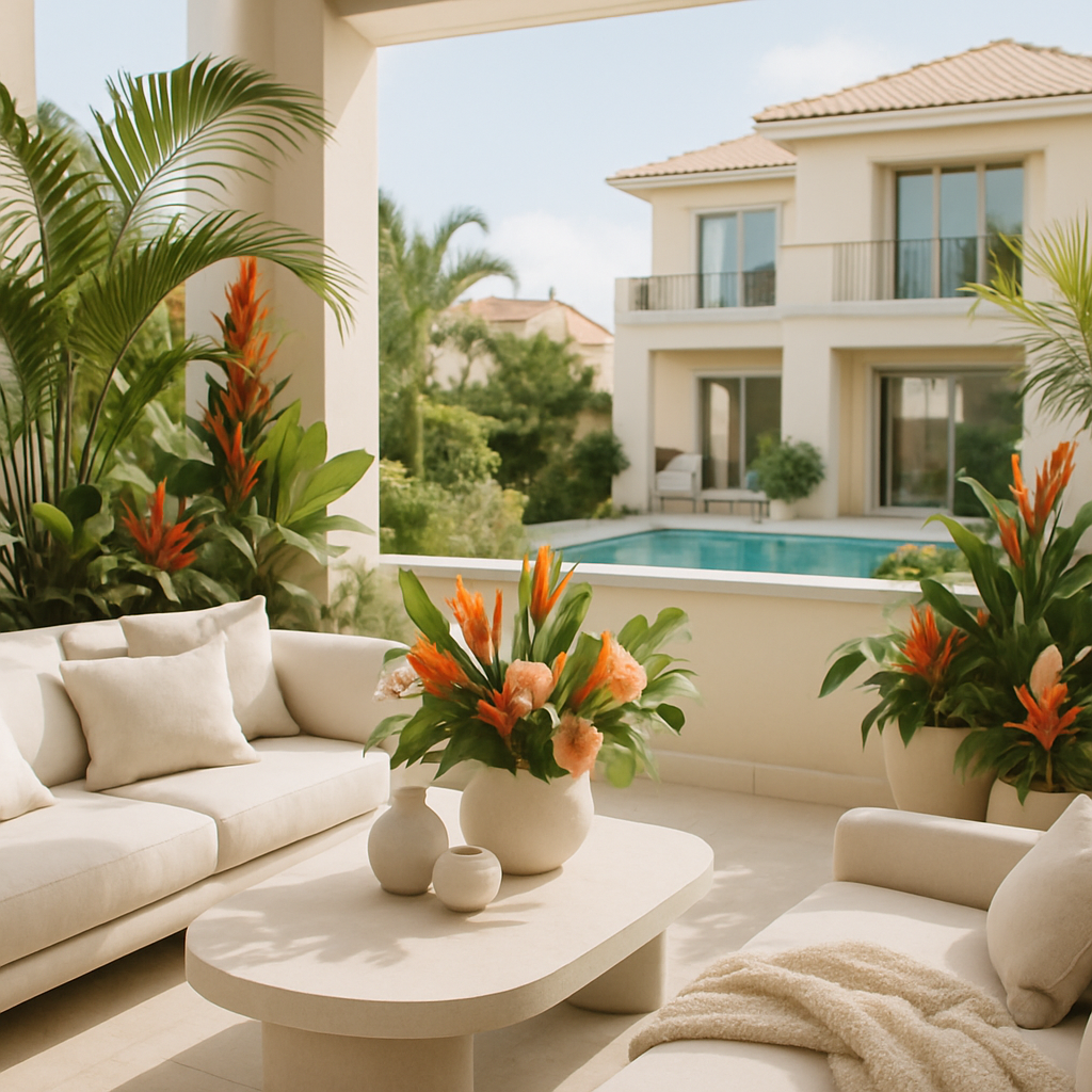 Elegante Terrasse mit Pflanzenarrangements und Blick auf einen Pool