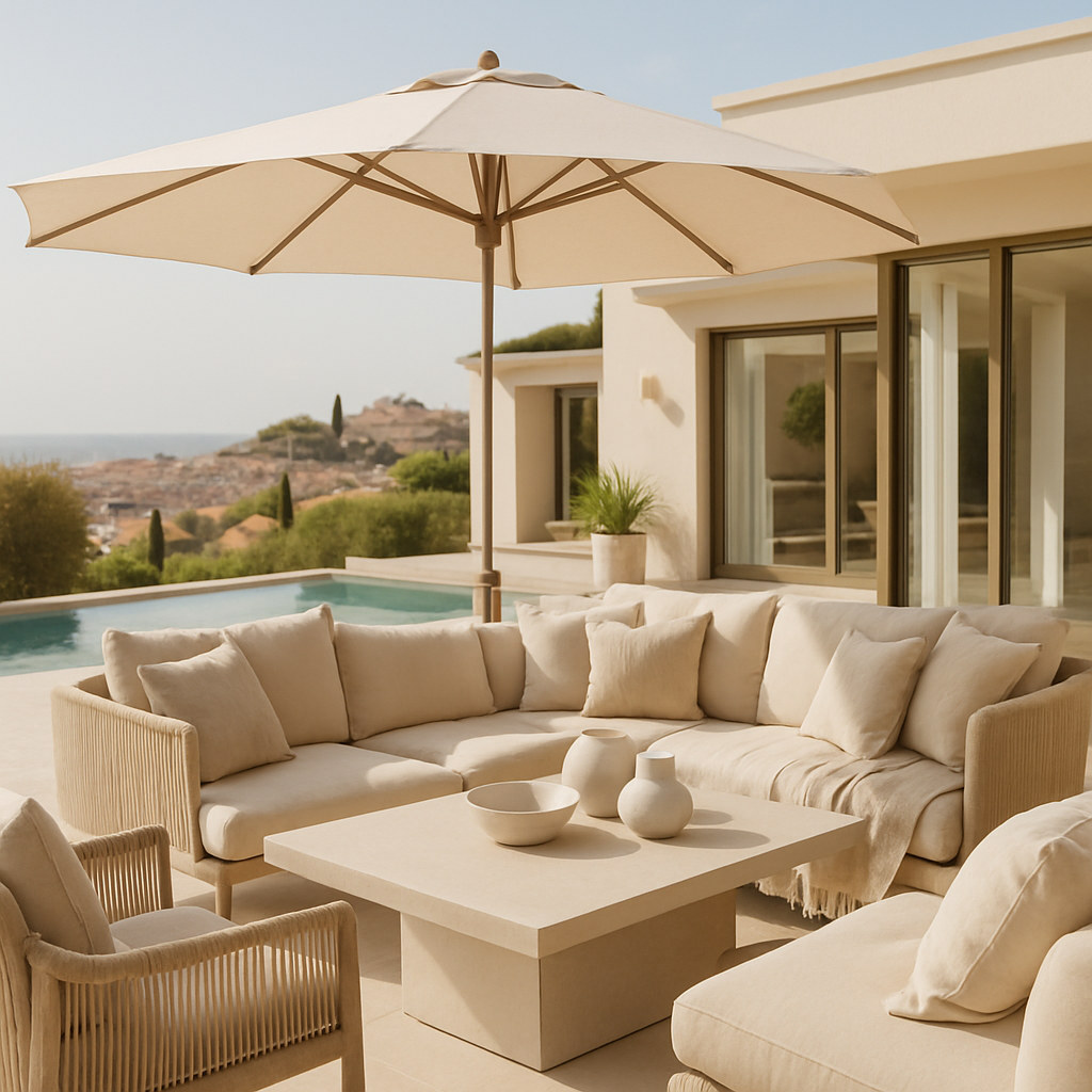 Elegante Terrasse mit einem großen Sonnenschirm und stilvollen Möbeln