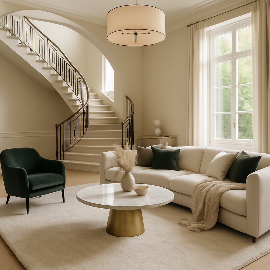 Ein elegantes Wohnzimmer mit einem hellen Teppich, einer bequemen Couch, einem runden Tisch und einer Treppe im Hintergrund.
