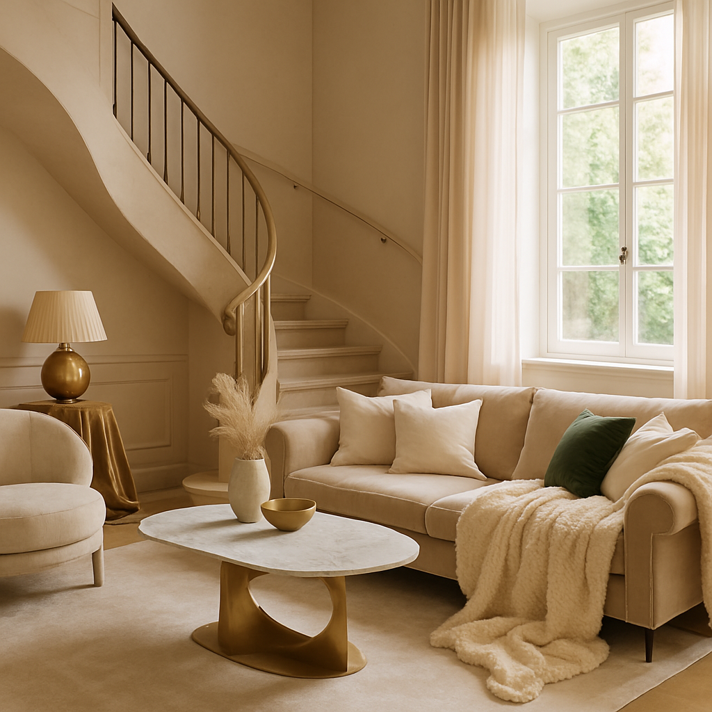 Ein stilvolles Wohnzimmer mit einer beigen Couch, Kissen, einem eleganten Tisch und goldenen Akzenten.