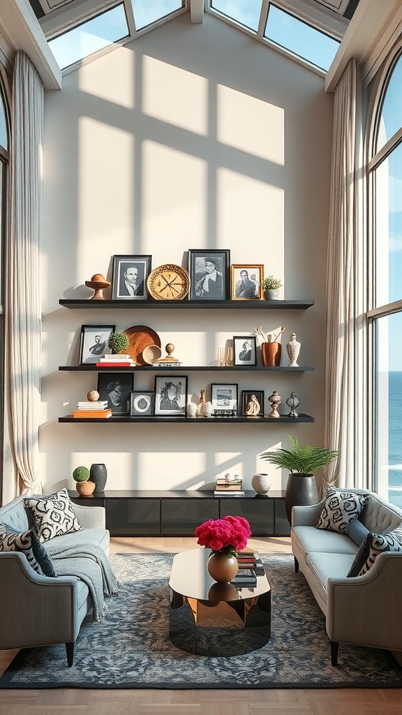 Ein stilvolles Wohnzimmer mit modernen Wandregalen, die mit Kunstwerken und Pflanzen dekoriert sind.