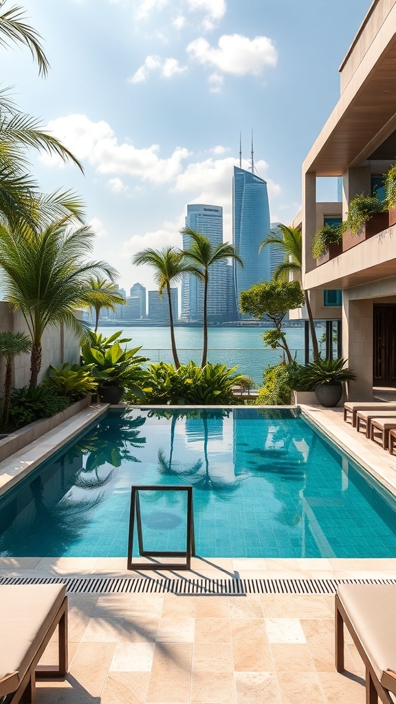 Exklusiver Swimming Pool mit Blick auf die Skyline, umgeben von Pflanzen und Liegen.