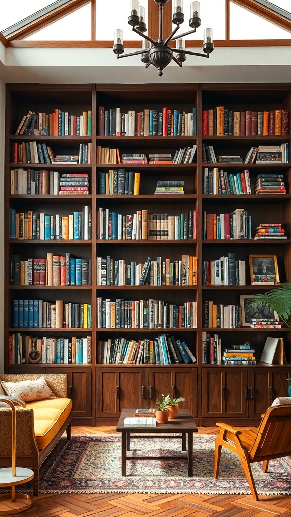 Ein elegantes Bücherregal aus exotischem Holz, gefüllt mit bunten Büchern, neben einer gemütlichen Sitzecke.