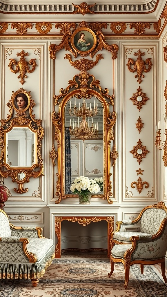 A beautifully decorated Rococo interior featuring ornate gold mirrors and elegant furniture.