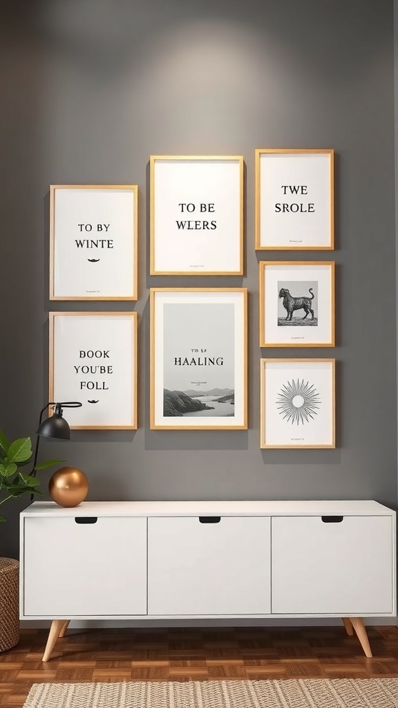 A minimalist gallery wall with framed art pieces featuring bold text and a dog illustration, set against a gray wall.