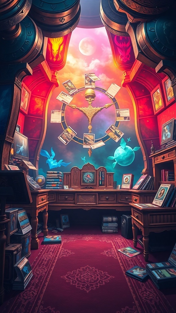 A magical study filled with books and colorful artwork, creating a whimsical atmosphere.