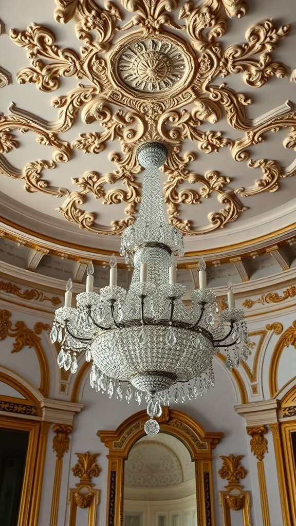 A luxurious chandelier hanging from an ornate ceiling with intricate designs and golden accents.